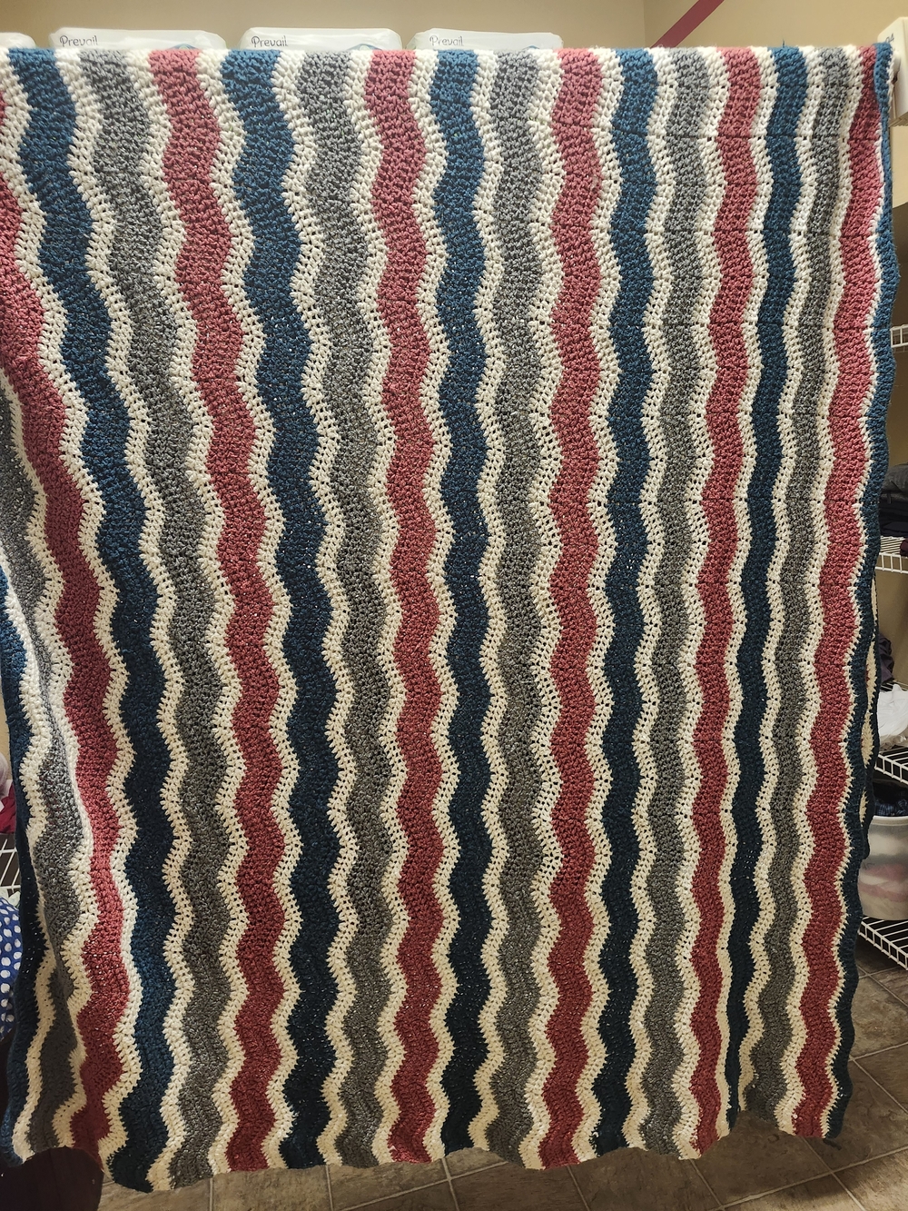 Handmade Chevron Crochet Blanket in Cream, Red, Blue, Gray